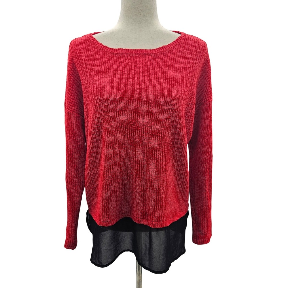 Two by Vince Camuto Red Knit‎ Sweater Layered Black Sheer bottom Medium